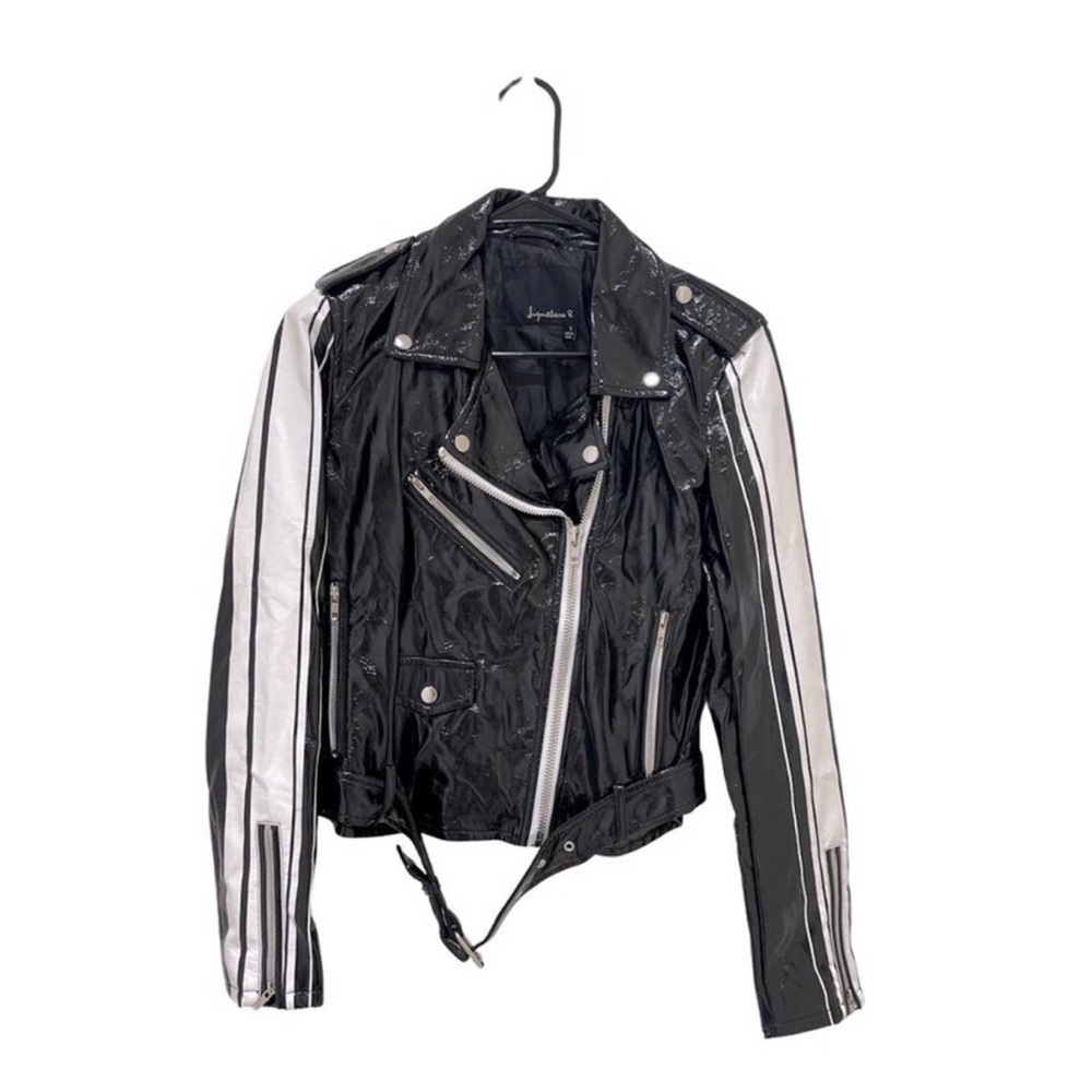 Signature8 Black Patent Moto Jacket with White Sleeve Stripes